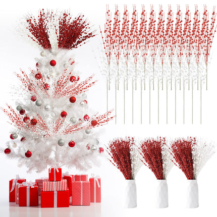 Yilloog 36 Pcs Christmas Artificial Glitter Berry Tree Picks Decorative Bead Sticks for Vase Decor Glitter Berry Stems Branches for Xmas Tree DIY Crafts Holiday Wedding Party, 17 Inch(Red, White)