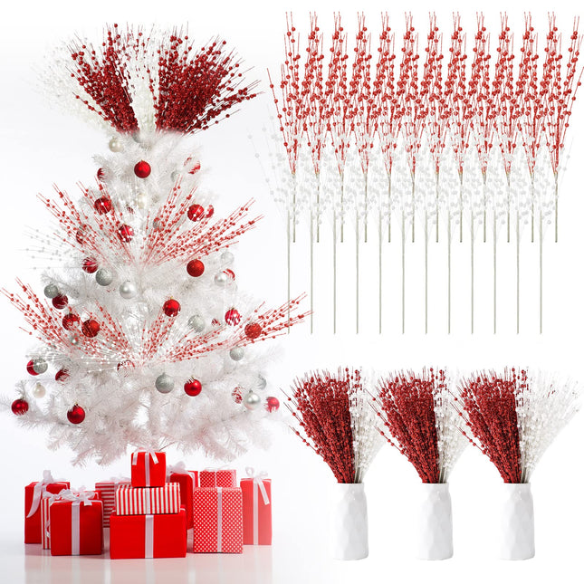 Yilloog 36 Pcs Christmas Artificial Glitter Berry Tree Picks Decorative Bead Sticks for Vase Decor Glitter Berry Stems Branches for Xmas Tree DIY Crafts Holiday Wedding Party, 17 Inch(Red, White)
