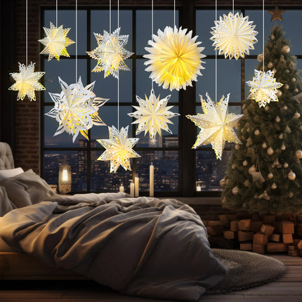 Riakrum 10 Pcs Snowflake Paper Lantern Paper Star Lantern with 14 LED Light Paper Lamp Frozen Party Hanging Decoration for Christmas Weddings Year Birthday Holiday Celebration, White