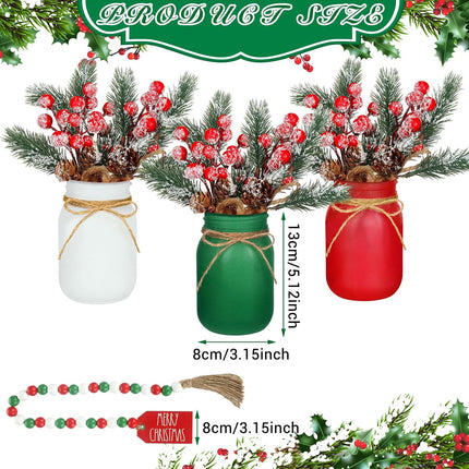 13 Pcs Christmas Mason Jar Table Centerpiece Artificial Red Berry Arrangement with Faux Pine Koob Ceg and Christmas Beaded Garland for Christmas Winter Tiered Tray Table Decor