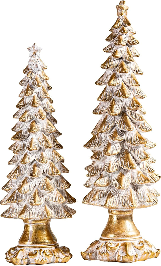 BUTILIVEEN Gold Christmas Tree Figurines Set of 2, Vintage Christmas Decor for Tabletop and Mantle, Xmas Centerpieces, 12.2 inches to 14.8 inches Tall, Resin