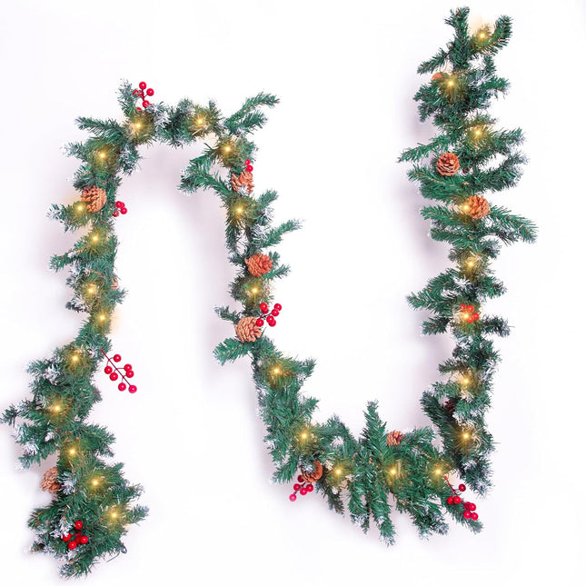 Christmas Garland with Lights,9FT Christmas Decorations Pine Garland with 50 Led Lights String,Lighted Garland for Indoor,Stairs, Railing, Outdoor,Home Decor