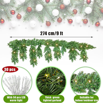Jutom 1 Piece 9 Feet Christmas Cascading Garland with Lights Christmas Pine Garland Artificial Faux Pine Greenery Garlands Realistic Lighted Garland for Door Mantel Fireplace Stairs Indoor Outdoor
