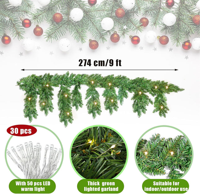 Jutom 1 Piece 9 Feet Christmas Cascading Garland with Lights Christmas Pine Garland Artificial Faux Pine Greenery Garlands Realistic Lighted Garland for Door Mantel Fireplace Stairs Indoor Outdoor