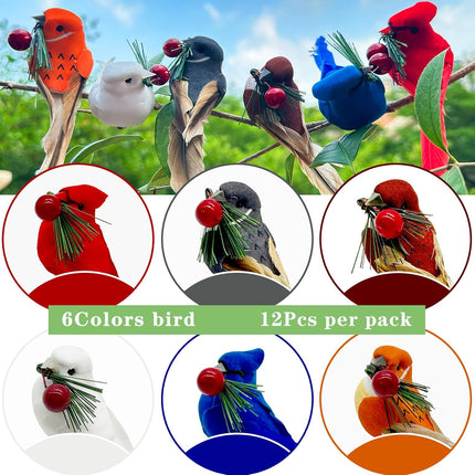 LWINGFLYER 12PCS Christmas Tree Ornaments Clip on Birds Artificial Feathered Foam Birds with Red Berries for Christmas Tree Decoration Wreath Crafts Home Decor