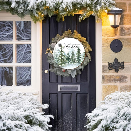 Whaline Christmas Hello Winter Wooden Hanging Sign Christmas Pine Trees Welcome Door Sign Xmas Winter Holiday Farmhouse Rustic Wreath Sign for Indoor Outdoor Home Wall Window Decor