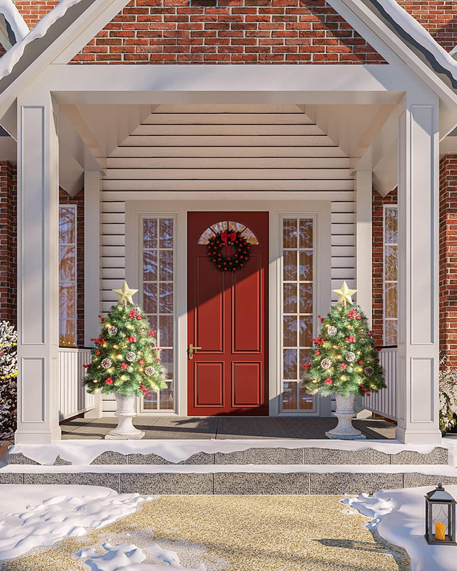 33 inch Christmas Trees with LED Lights 2 Pack, Outdoor Prelit Christmas Trees, Small Artificial Christmas Tree with Ornaments for Porch, Driveway, Yard, Garden