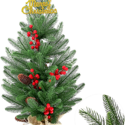 28 Inch Tabletop Christmas Tree, 2.33 Ft Artificial Small Little Real Natural Touch Pine Tree with Red Berries Pine Cones Merry Christmas for Indoor Table Desk Home Bedroom Christmas Decorations