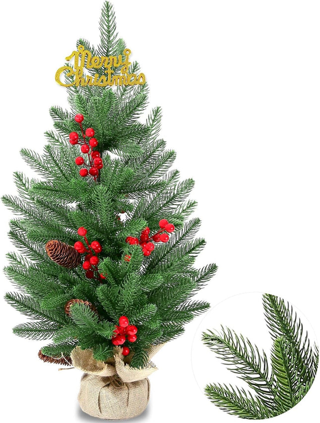 28 Inch Tabletop Christmas Tree, 2.33 Ft Artificial Small Little Real Natural Touch Pine Tree with Red Berries Pine Cones Merry Christmas for Indoor Table Desk Home Bedroom Christmas Decorations