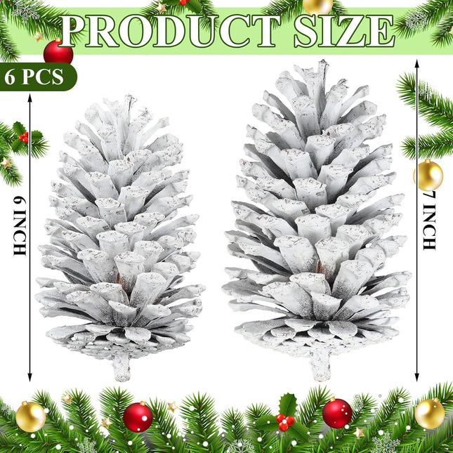 Tondiamo 6 Pcs Christmas Pine Cones for Crafts Large White Unscented Natural Pinecones Ornaments for Winter Christmas Holiday Craft DIY Wreath Vase Filler Home Wedding Decoration(6-7 Inch)