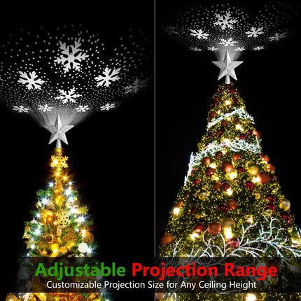 Christmas Tree Topper Lighted with 360° Rotating Projection - [6 Festive Patterns, Adjustable Projection Range] Christmas Star Tree Topper with Snowflakes Reindeer for Party Holiday Decor - Silver