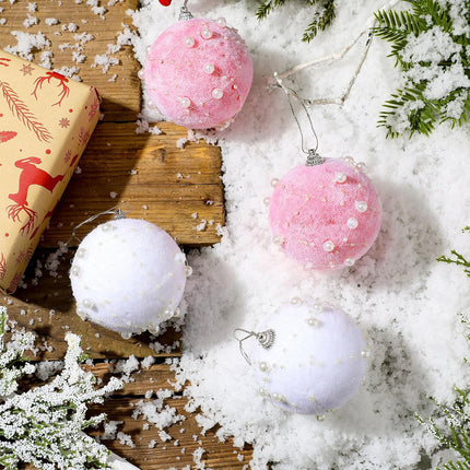 Wettarn 24 Pcs Christmas Tree Ball Ornament Pastel Pink White Plush Christmas Ball Ornaments 3.15 Inch Decorative Hanging Decor for Xmas Tree Year Holiday Wedding Party Wreath Garland Decorations