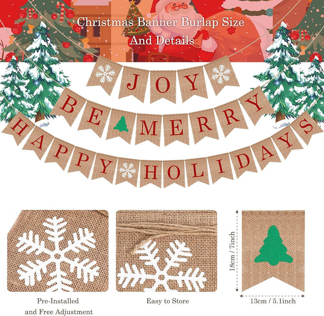 6 Pieces Christmas Burlap Banner Felt Pom Garland Banner Be Merry Bunting Banner Happy Holidays Banner Joy Bunting Banner for Holiday Birthday Anniversary Decoration (Brown)