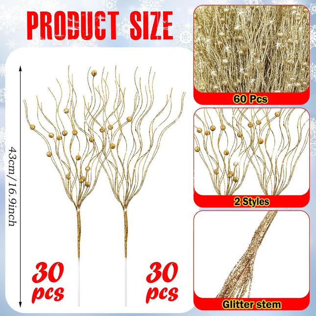 Tigeen 60 Pcs Christmas Artificial Glitter Berry Stem Decoration Bead Stick Pick 17 Inch Glittery Twig Branches for Xmas Tree Small Vase DIY Craft Wreath Home Decor Party Ornament(Gold)