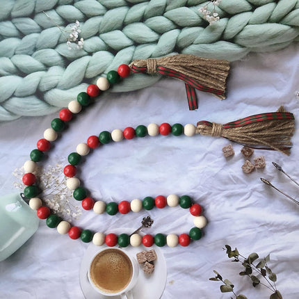 2 Pieces Christmas Wooden Beads Garland 41’’ Farmhouse Garland with Buffalo Plaid Tassel Winter Rustic Tier Tray Decor for Xmas Tree Holiday Ornaments Decor