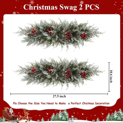 U'Artlines 2PCS Christmas Swag for Front Door, 27.5" Frost White Artificial Decorative Swag with Red Berry, Pine Cone, Berries for Window Wall Fireplace Mantle Home Holiday Xmas Decor Swag
