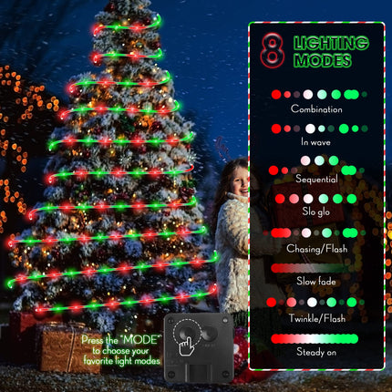 Meonum Solar Christmas Rope Lights Outdoor, 33 ft 100 LED 8 Modes Solar String Lights, Solar Powered Waterproof Tube Lights for Christmas Tree Garden Fence Yard Party Outdoor (Red, Green,2 Pack)