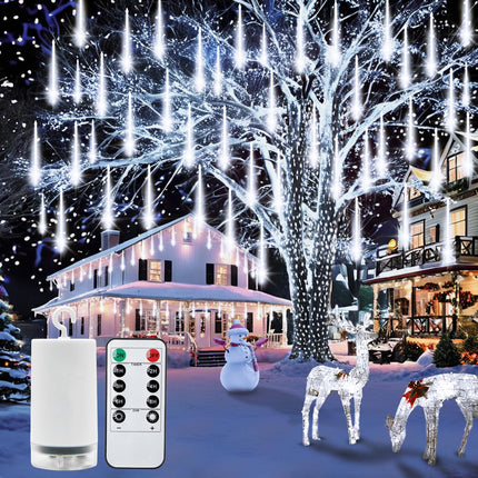echosari Meteor Shower Lights Battery Powered, 12 Inch 8 Tube 192 LED Icicle Christmas Lights Outdoor, Waterproof Falling Rain Lights for Xmas Tree Holiday Party Patio Decor (Cool White)