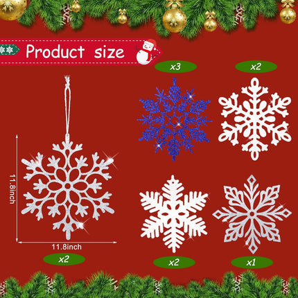 10 Pieces Large Snowflakes Ornaments 12'' Glittered Snowflakes Decorations Christmas Hanging Snowflake Decorations for Winter Christmas Tree Decorations Craft Snowflakes (Blue, Silver, White)