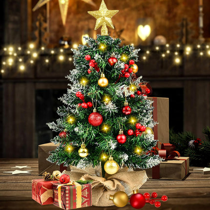 Mini Christmas Tree with LED Lights, 24 Inch Tabletop Christmas Tree with Berries Star Treetop Ornaments Balls Artificial Small XMS Tree for Table Desk Home Christmas Holiday Decor