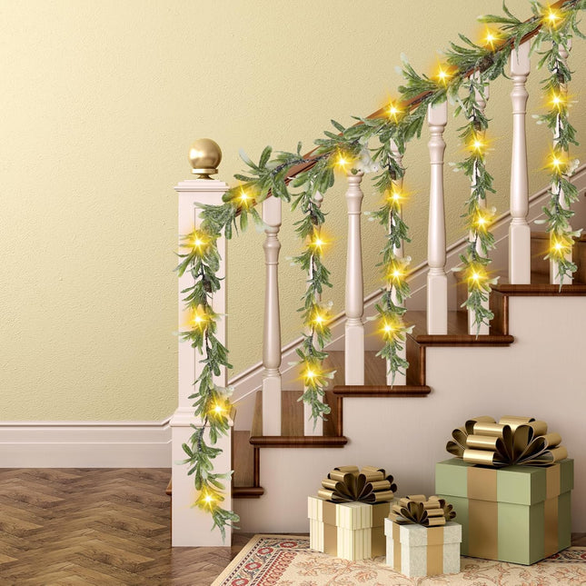 9FT Christmas Garland, Flocked Garland Christmas Decorations Prelit Christmas Garland with 30 LED Lights Decorated with Pinecones Berries Snowflakes for Mantels Staircase Tables Winter Decor
