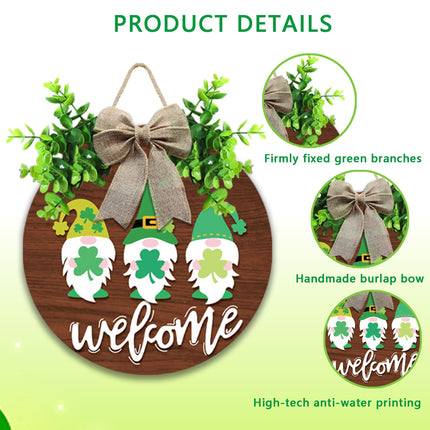 St Patrick Day Welcome Sign for Front Door Décor St Patrick Day Wood Door Wreath with Gnomes Shamrock Burlap Bow Decoration