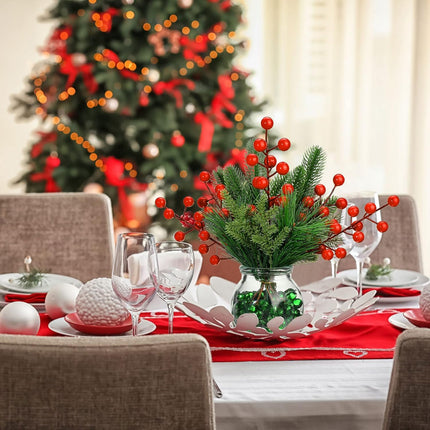 100 Pieces Artificial Pine Needles Branches and Artificial Red Berry Stems Fake Greenery Pine Picks Christmas Red Berry Picks Holly Berries Branches Christmas Fake Tree Branches for DIY Garland Wreath