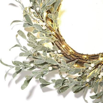 LampLust Christmas Wreaths for Front Door, 20 Inch Flocked Mistletoe Wreath with Pearly White Berries, 75 LED Lights, Timer, Battery Powered, Farmhouse Wreath, Christmas Decorations Holiday Decor