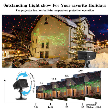 Christmas Laser Projector - Red and Green Elk Pulling Sled Outdoor Garden Light with Remote Control for Xmas Holiday Decoration Year Party Show