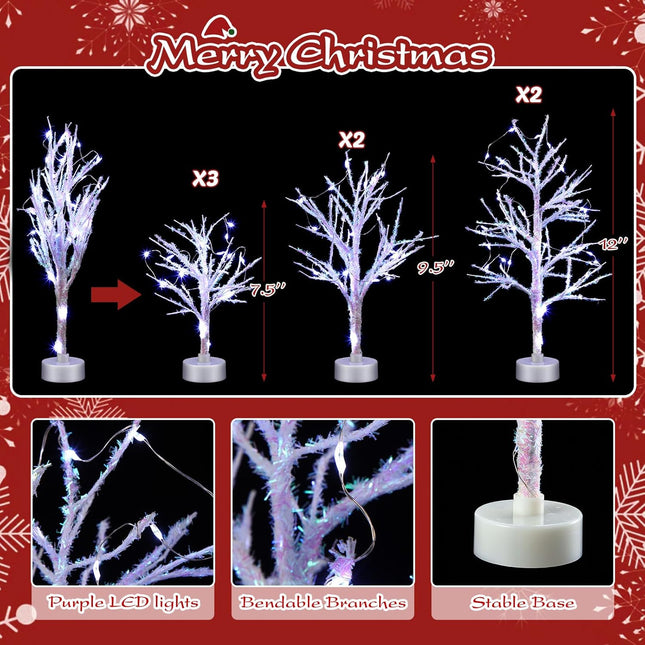 7 Pcs LED Christmas Trees White Birch for Table Decor Artificial Christmas Village with String Light Christmas Decorations for Fall Home, Bedroom, Office, Living Room, Wedding Decor
