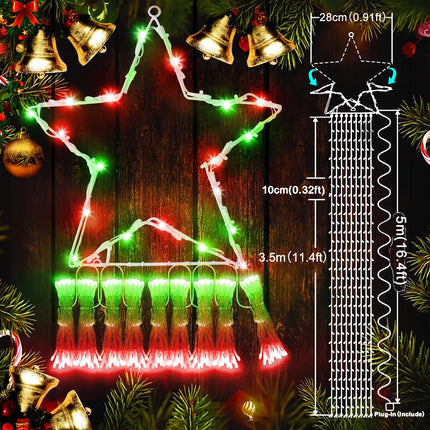 KNO Outdoor Christmas Decorations Waterfall Star Lights,344 LED 8 Modes Tree Light,Plug in Clear Wire Waterproof Seasonal Lighting Decor for Xmas Tree Wedding Yard Holiday Garden Red Green