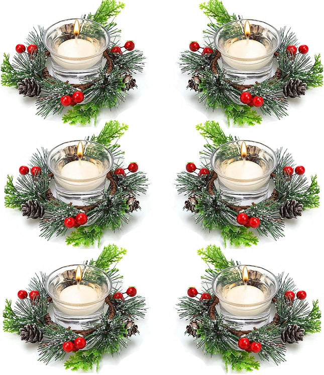 6 Pieces Christmas Candle Ring Artificial Red Berry Candle Ring with Pine Cones Christmas Candle Garland Candle Holder Ring Mini Candle Wreath Rings for Christmas Home Dining Table Centerpieces Decor