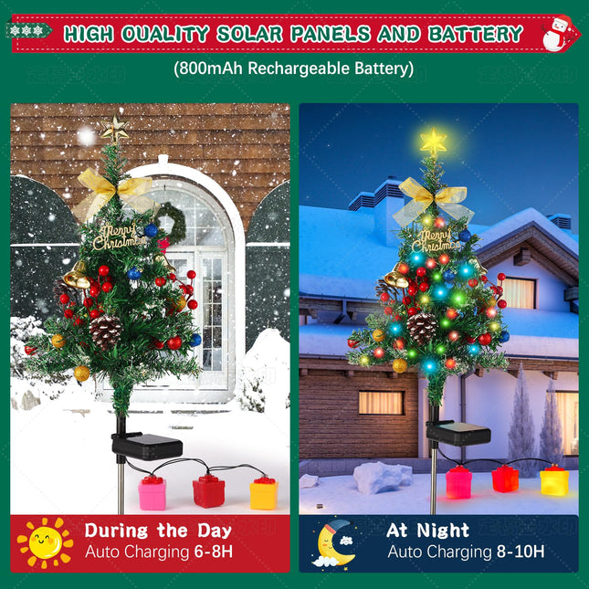 Solar Christmas Tree Decorations Outdoor Lights 2 Packs with 60 LED 50 Xmas Ornaments 6 Lighted Boxes 8 Modes 34Inch Mini Prelit Christmas Tree for Porch Pathway Yard Garden Grave Cemetery