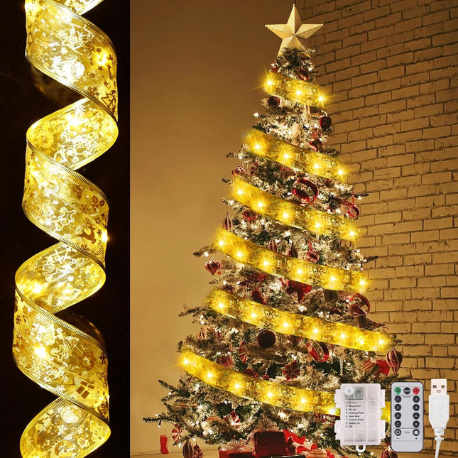 Dailyart Christmas Tree Ribbon String Lights 78Ft 200 LED Fairy Lights with Remote Ribbon Bows Lights with Battery Operated & USB Powered Christmas Ribbon Lights with Timer for Xmas Tree Decor (Gold)