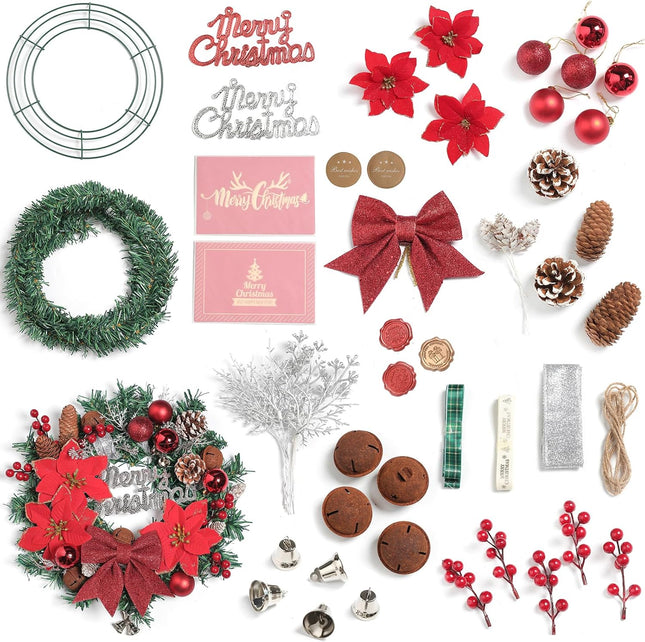 Serra Flora 52 Piece of Christmas Ornament DIY Wreath Craft Kit Includes Wire Wreath Frame, Green Tinsel Garland Pinecones, Christmas Balls Little Bell,Poinsettia,Red Berry for Christmas Decorations