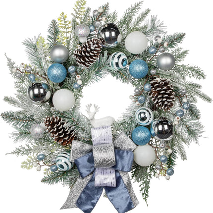 24" Christmas Wreath for Front Door Artificial Unlit Winter Wreath with Pine Cones, Berry Clusters, Blue Ball Ornaments and Ribbon for Thanksgiving Holiday Christmas Decoration