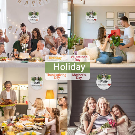 Interchangeable Wooden Seasonal Hello Sign, Rustic Round Welcome Front Door Wreaths for Home/Wall/Porch Decor, for Easter Spring Summer Fall Halloween Christmas All Season Decorations.