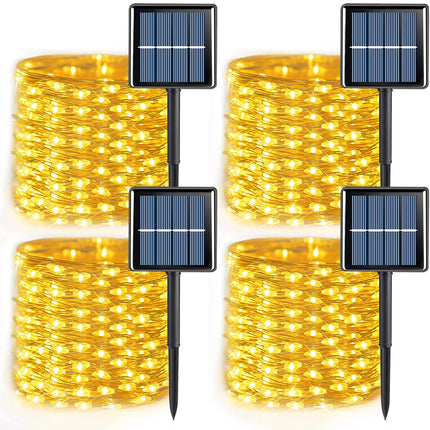 YEGUO Solar Christmas Lights Outdoor Waterproof, 4 Pack Each 33ft 100 LED Solar String Lights Warm White, 8 Modes Silver Wire Solar Fairy Lights