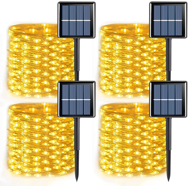 YEGUO Solar Christmas Lights Outdoor Waterproof, 4 Pack Each 33ft 100 LED Solar String Lights Warm White, 8 Modes Silver Wire Solar Fairy Lights