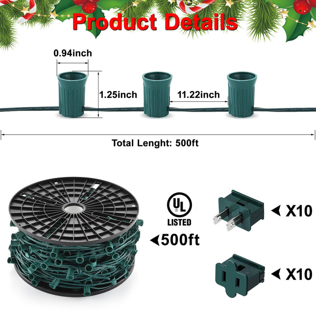Ultimate Unicorn 500 FT C9 Light Socket Set Spool, Christmas Stringer Bulk Reel 12" Spacing, C9 Light Strand Green Wire, Christmas Stringer with E17 Sockets (10 Pairs of Plugs Included)