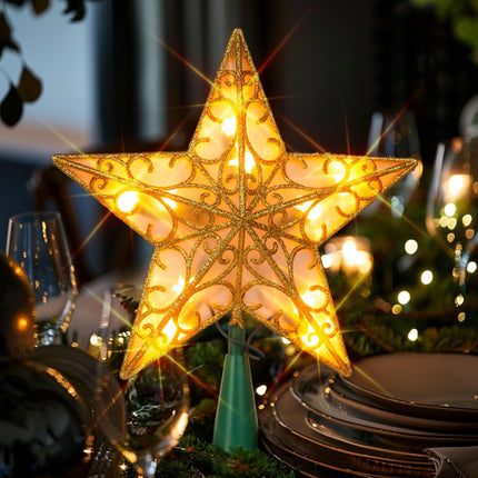 Dazzle Bright 11 Inch Star Tree Topper, Lighted Glitter Christmas Treetop with 10 Lights, Christmas Decorations for Xmas Tree Home Bar Shop Christmas Decor (Gold)