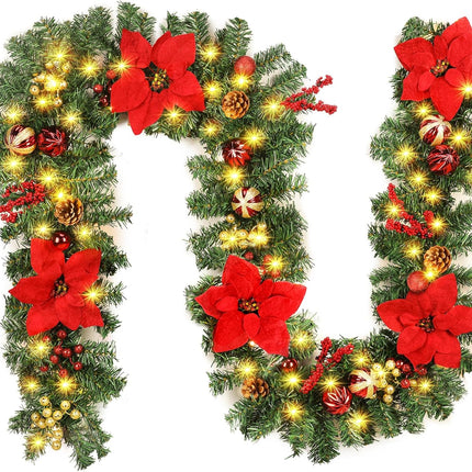 Quntis 9FT Poinsettia Christmas Garland with Lights, Garland Christmas Decorations with Pine Cones, Berry Clusters, 8 Mode Timer Artificial Xmas Garland for Mantle Door Fireplace Window Stairs Holiday