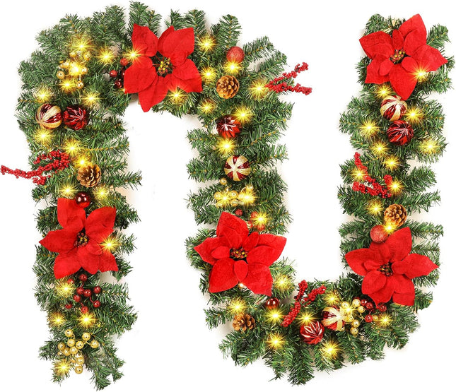 Quntis 9FT Poinsettia Christmas Garland with Lights, Garland Christmas Decorations with Pine Cones, Berry Clusters, 8 Mode Timer Artificial Xmas Garland for Mantle Door Fireplace Window Stairs Holiday
