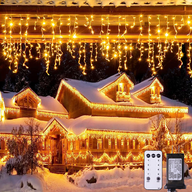 JMEXSUSS 38.8FT Icicle Lights for Outside, 400 LED Icicle Christmas Lights Outdoor Indoor Plug in, Warm White Christmas Icicle Lights with Remote for Wedding House Fireplace Christmas Decorations