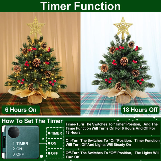 2 Pack 18 Inch 60 LED Realistic-Feel PE Thick Tabletop Christmas Tree Warm Lights with Timer Battery Operated Cedar Norfolk PE Pine Spruce Mini Small Christmas Tree Red Berry Pinecone Star Xmas Decor