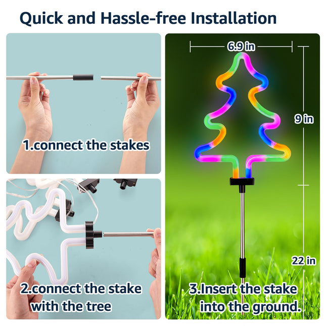 BlcTec Christmas Decorations Outdoor, 4PCS Neon Christmas Tree Shape String Lights with Stainless Steel Stakes, Waterproof Xmas Tree Stakes Lights for Garden, Patio, Yard Christmas Décor, Multicolor