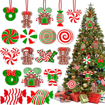 26Pcs Christmas Tree Decorations,Christmas Lollipop Candy Cane Ornaments Paper Cards Hanging Mick-ey Mouse Gingerbread Christmas Decor for Peppermint Christmas Tree Decorations