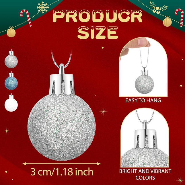 Liliful 72 Pcs Mini Christmas Balls Mini Xmas Ball Tree Hanging Ornaments Glitter Christmas Ball for Christmas Tree Party Wedding Indoor Outdoor Holiday Decoration (White, Silver, Blue,1.18 Inch)