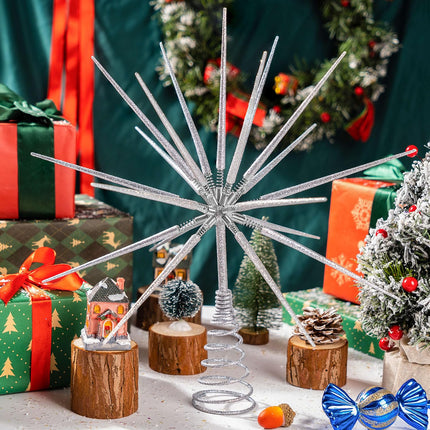 Silver Christmas Tree Topper 13.7 Inch - Silver Starburst Silver Tree Topper, Exploding Star Christmas Tree Decorations