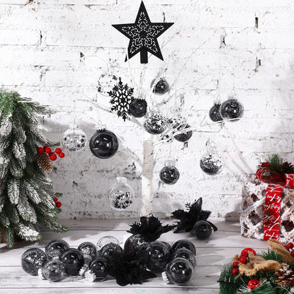 Jenaai 74 Pcs Christmas Ball Ornaments Set Plastic Shatterproof Christmas Tree Decorations with Hanging Snowflakes Ribbons Artificial Poinsettia Flowers Tree Topper for Xmas Tree Decor(Black)